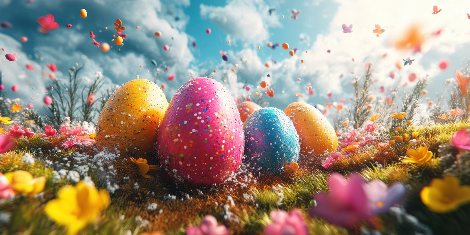 Colorful Easter eggs surrounded by vibrant flowers and butterflies in a sunny meadow on a bright spring day